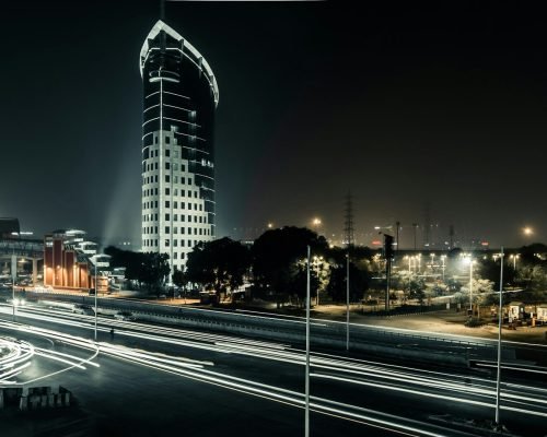 buildings and road lights during nighttime