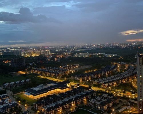 aerial view of city buildings during night time